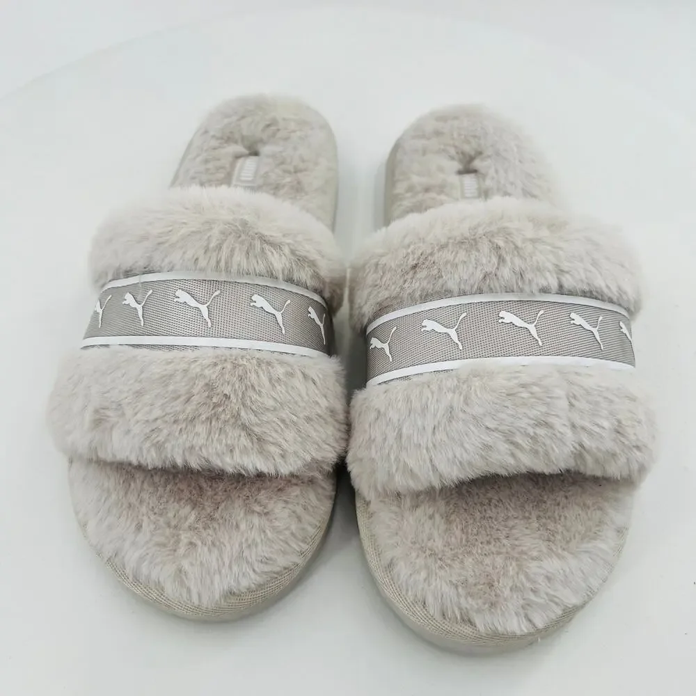 PUMA Fluff Remix Faux Fur Women's Shoes Slide Gray Sandals Size 5